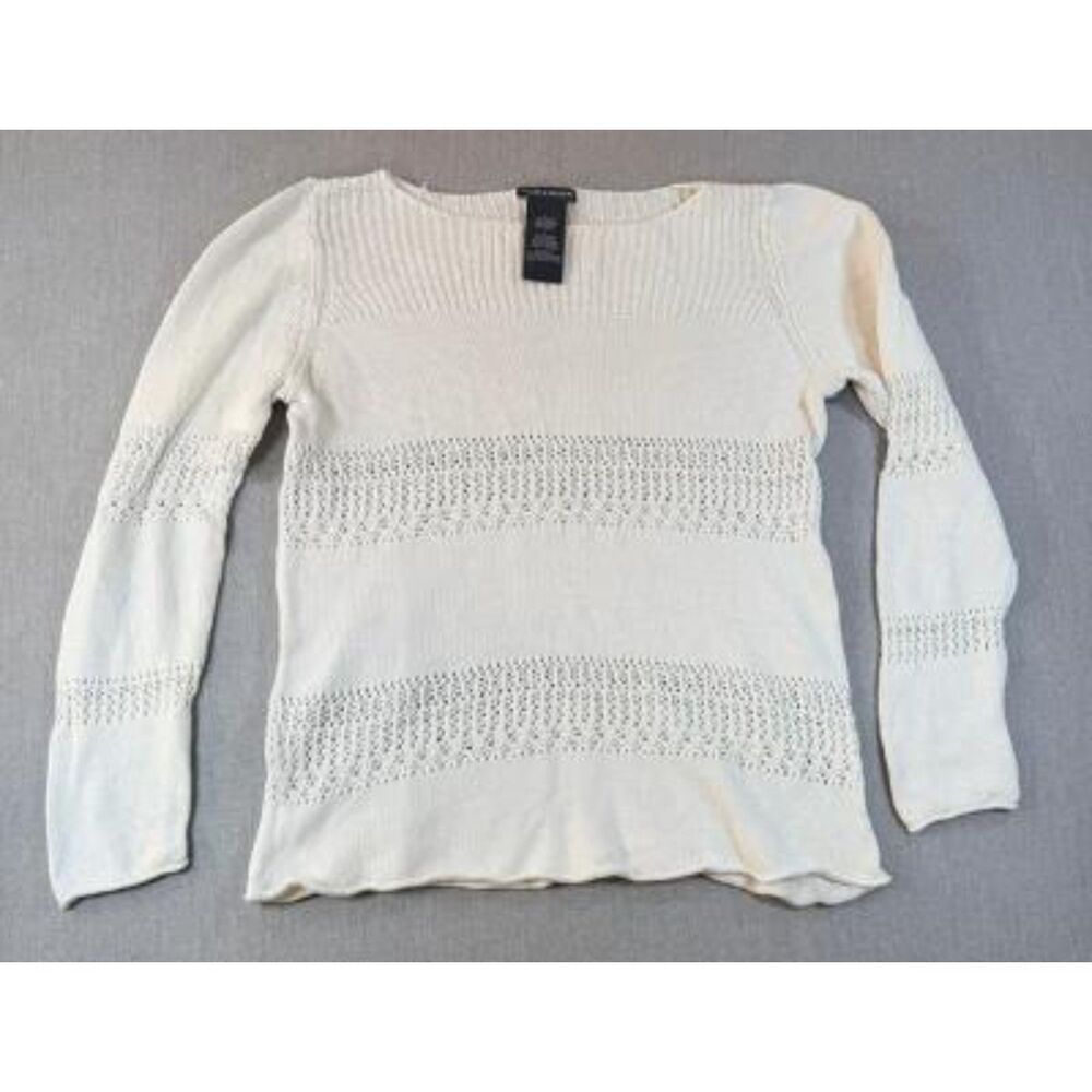 Chelsea & Theodore Sweater Womens Large L White Open Knit Pointelle Boat Neck LS